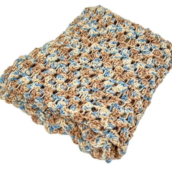 Handmade Shawl Crochet Shawlette Soft Yarn Blue Brown Cottagecore Boho 54x25 - Picture 1 of 10
